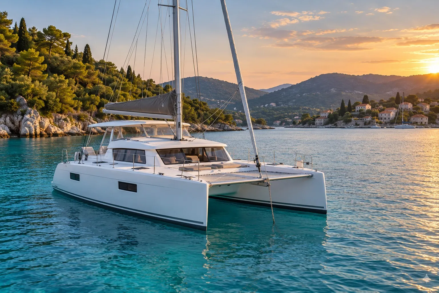 Illustrative image: a white sailing catamaran at anchor in turquoise water at sunset.