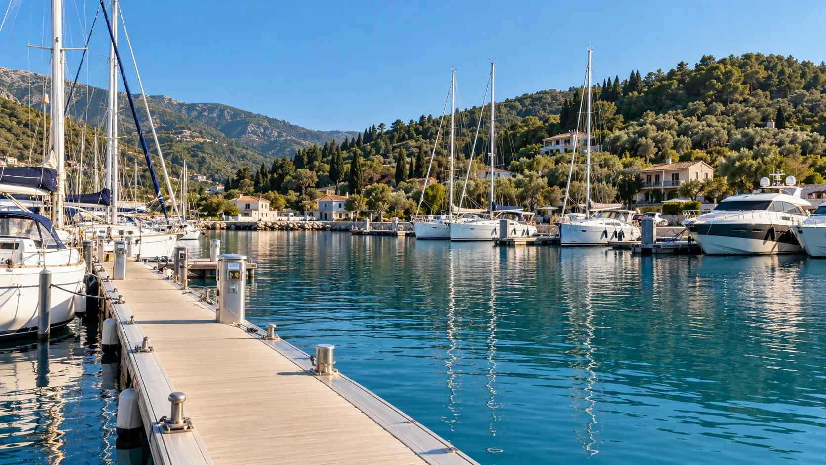 Illustrative image: a marina pontoon lined with sailing yachts and motor boats under a clear blue sky.