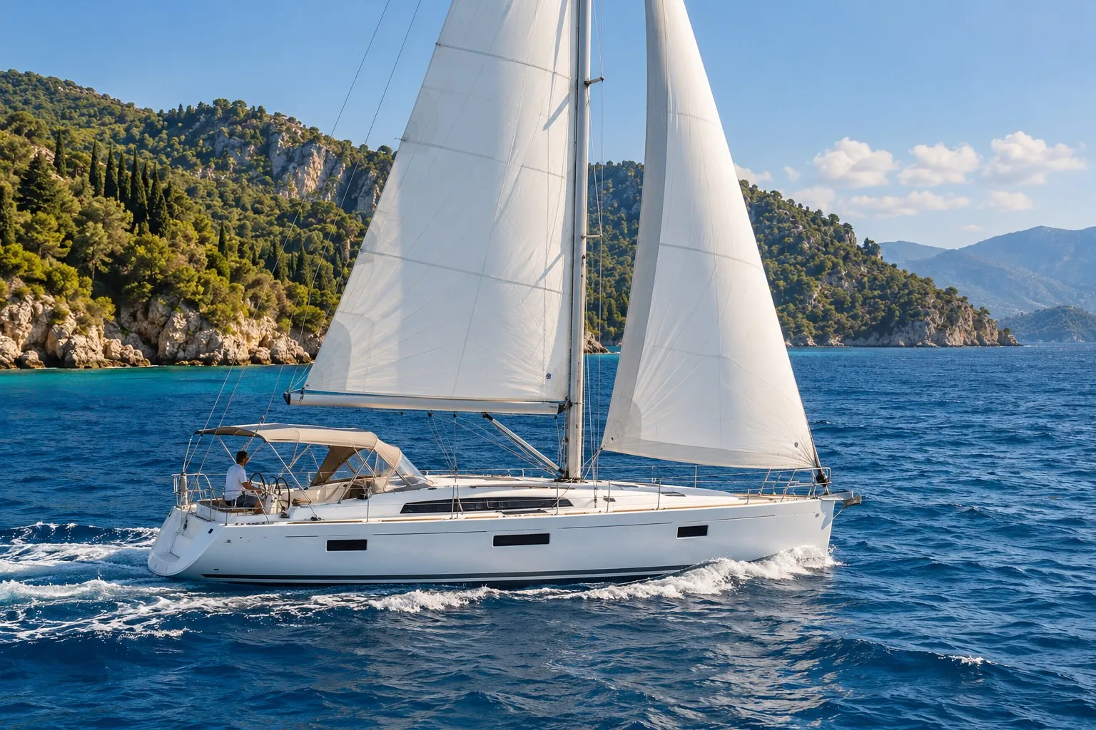 Illustrative image: a white single-hulled sailing yacht under sail on deep blue water off a wooded headland.