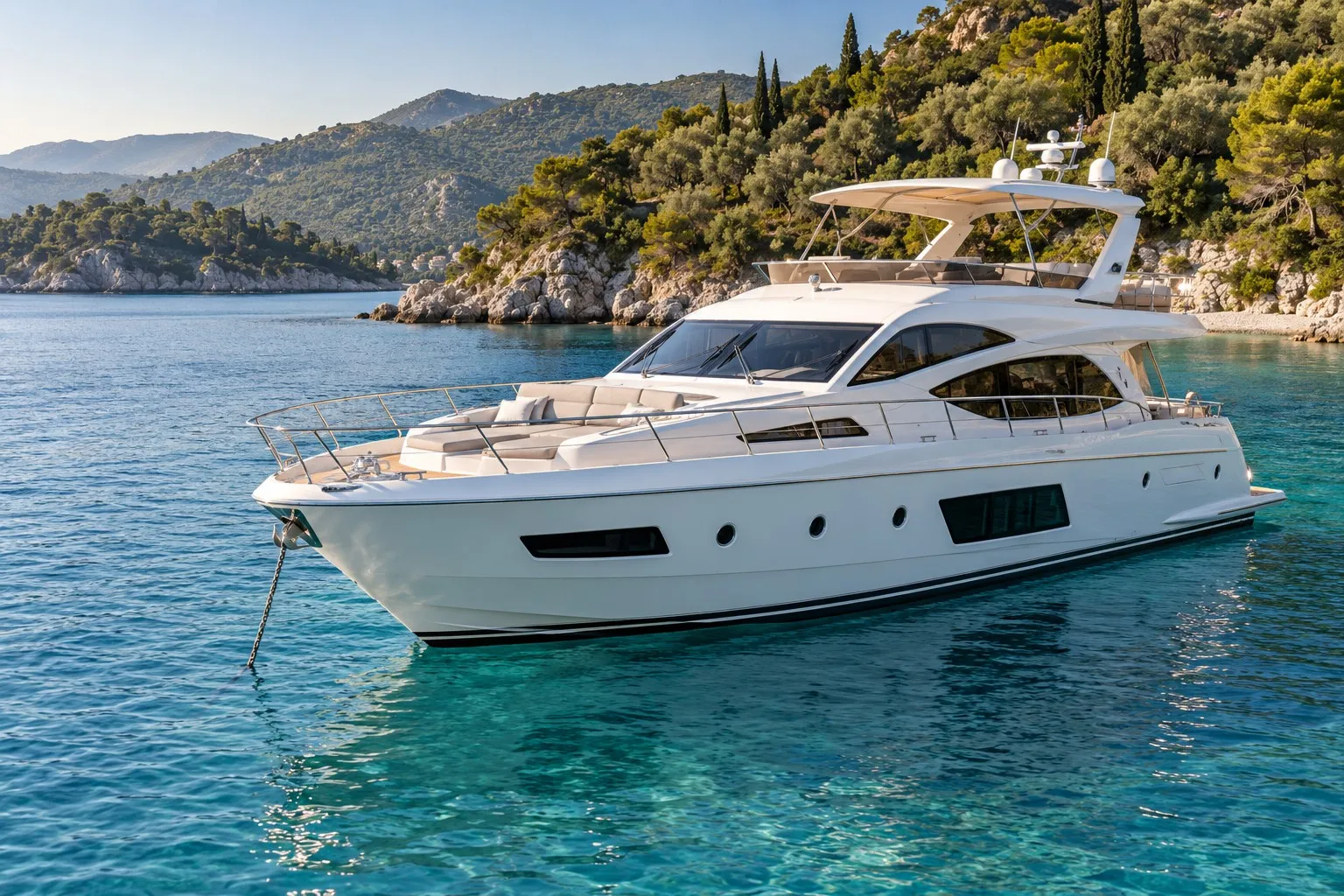 Illustrative image: a white motor yacht at anchor in a calm turquoise cove.