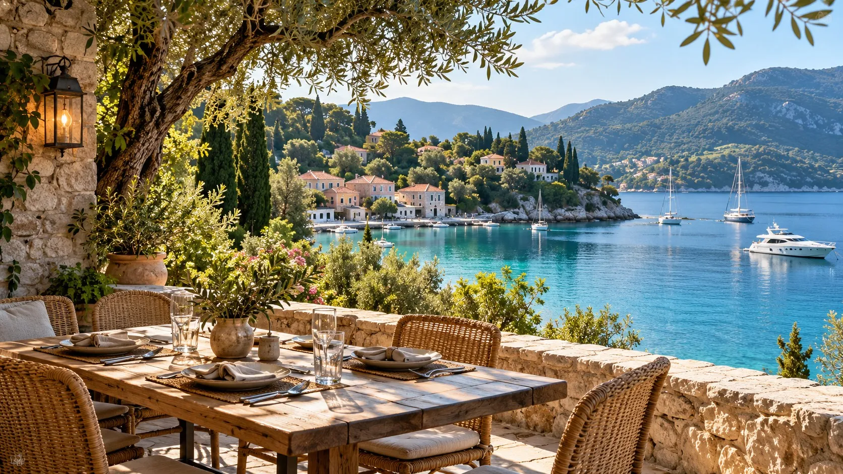 Illustrative image: a shaded stone terrace with a laid table overlooking a turquoise Ionian bay, with sailing and motor yachts at anchor.