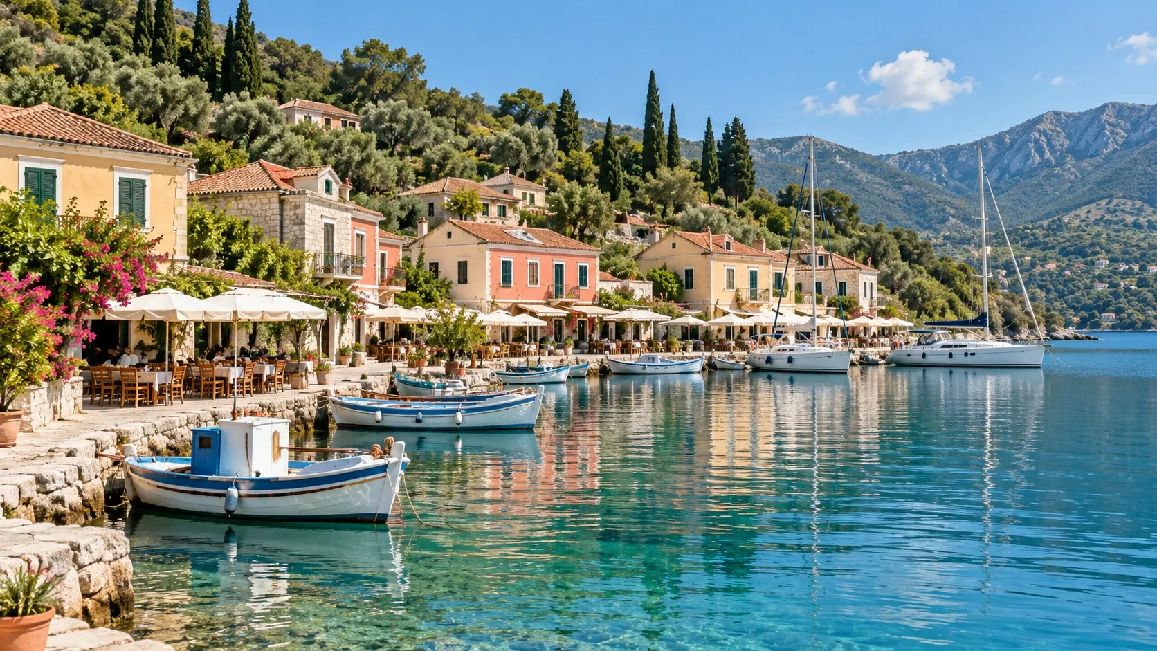 Illustrative image: pastel waterfront houses and taverna umbrellas above a turquoise harbour with small boats and yachts moored.